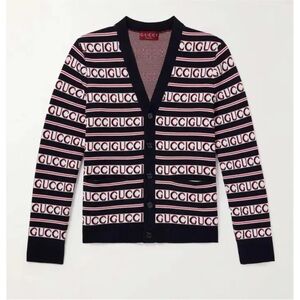 Gucci logo, cotton jacquard cardigan in ink, red and white size XL
